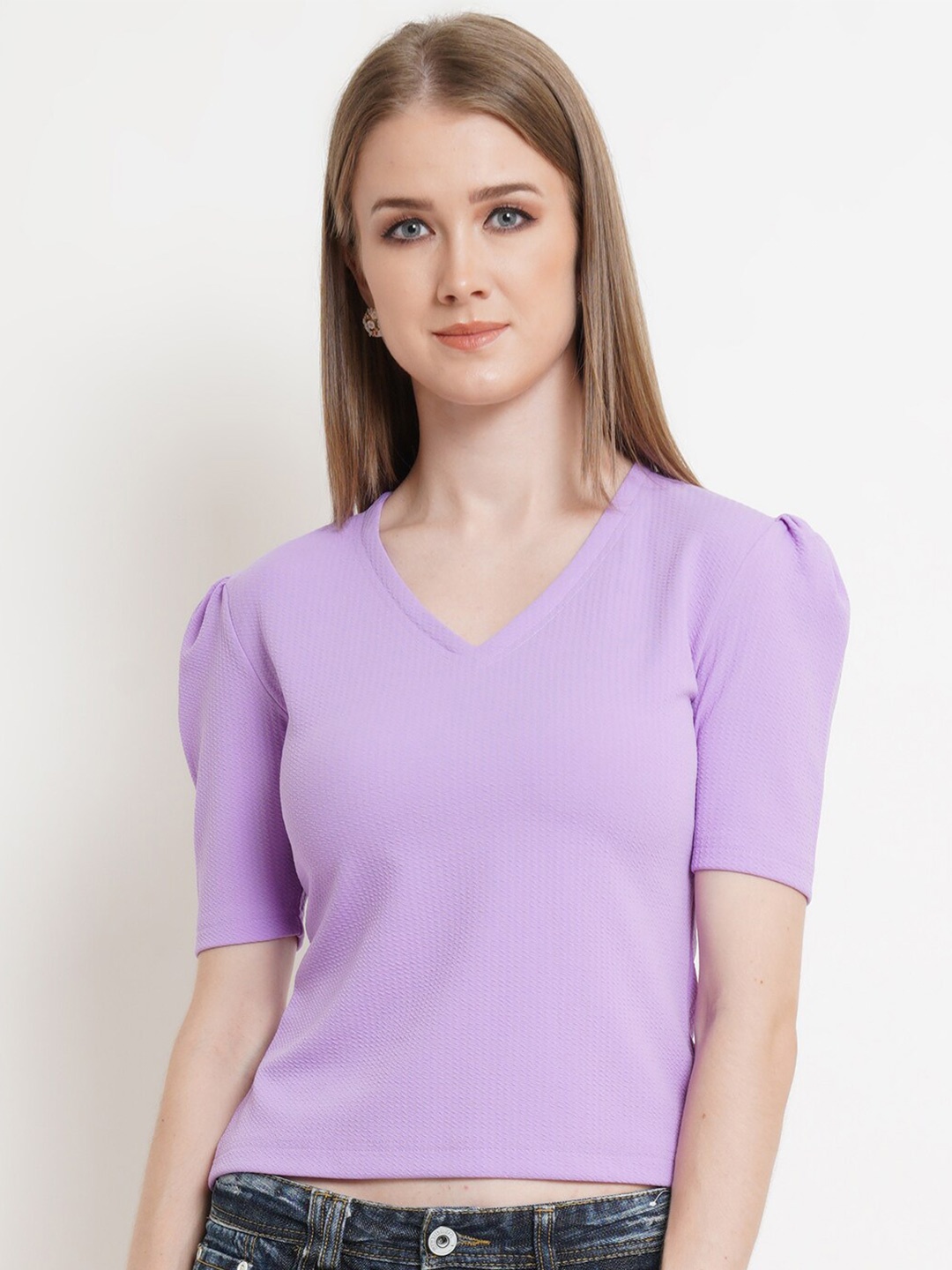 

Popwings V-Neck Puff Sleeves Regular Top, Purple