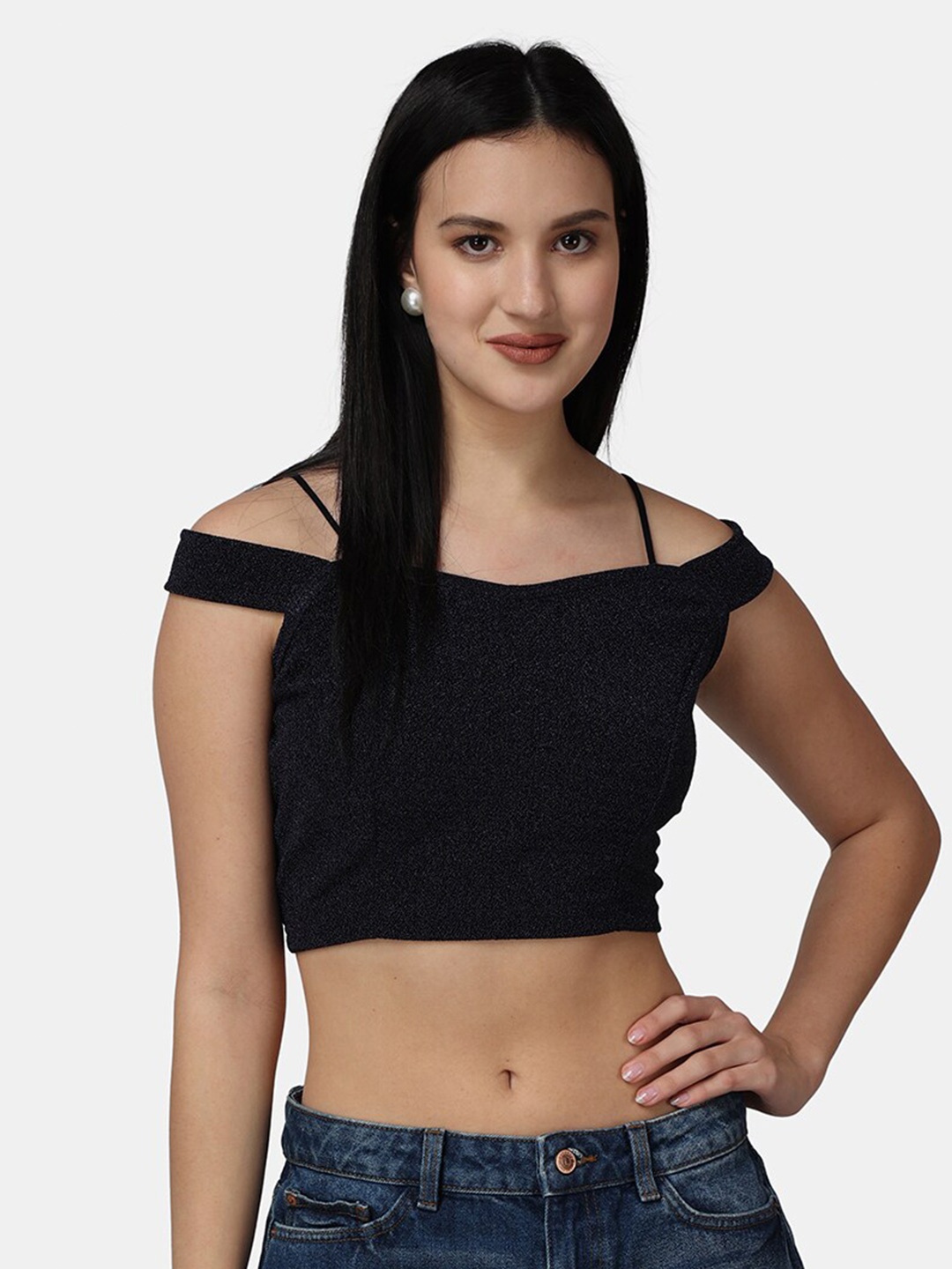 

Popwings Off Shoulder Bardot Crop Top, Navy blue