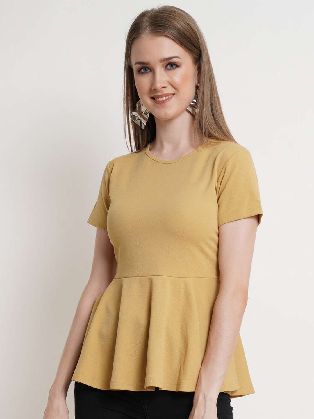 

Popwings Round Neck Cinched Waist Top, Gold