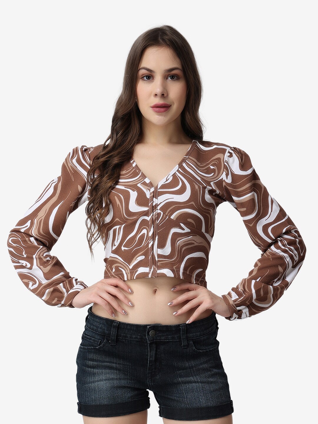 

Popwings Abstract Printed Regular Crop Top, Brown