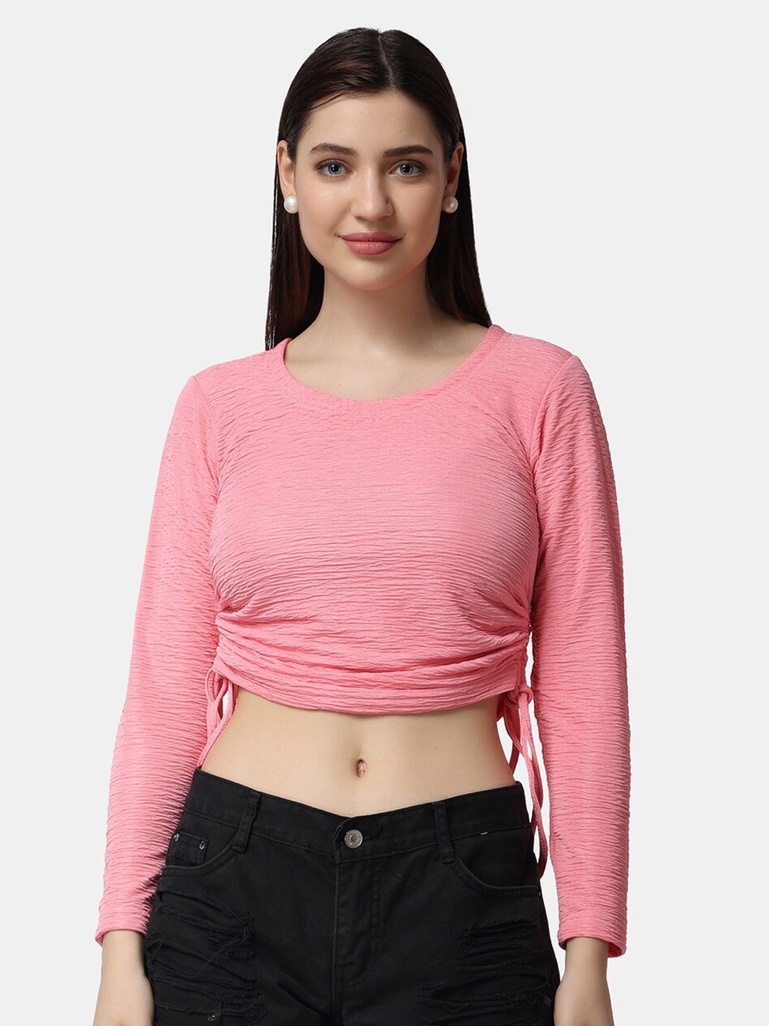 

Popwings Self Design Ruched Crop Top, Pink