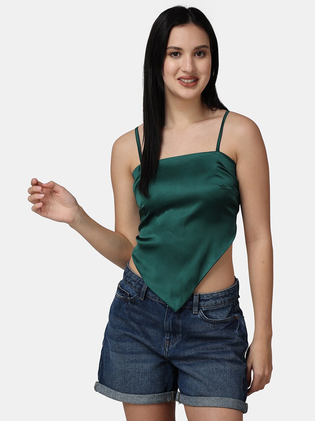 

Popwings Shoulder Straps Scarf Knot Satin Crop Top, Green