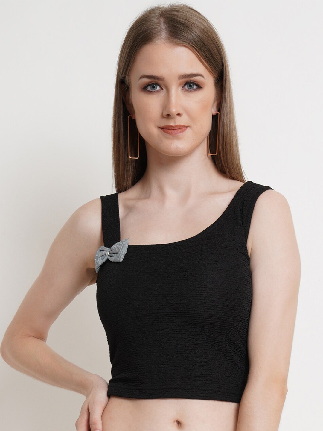 

Popwings Self Design Sleeveless Fitted Crop Top, Black