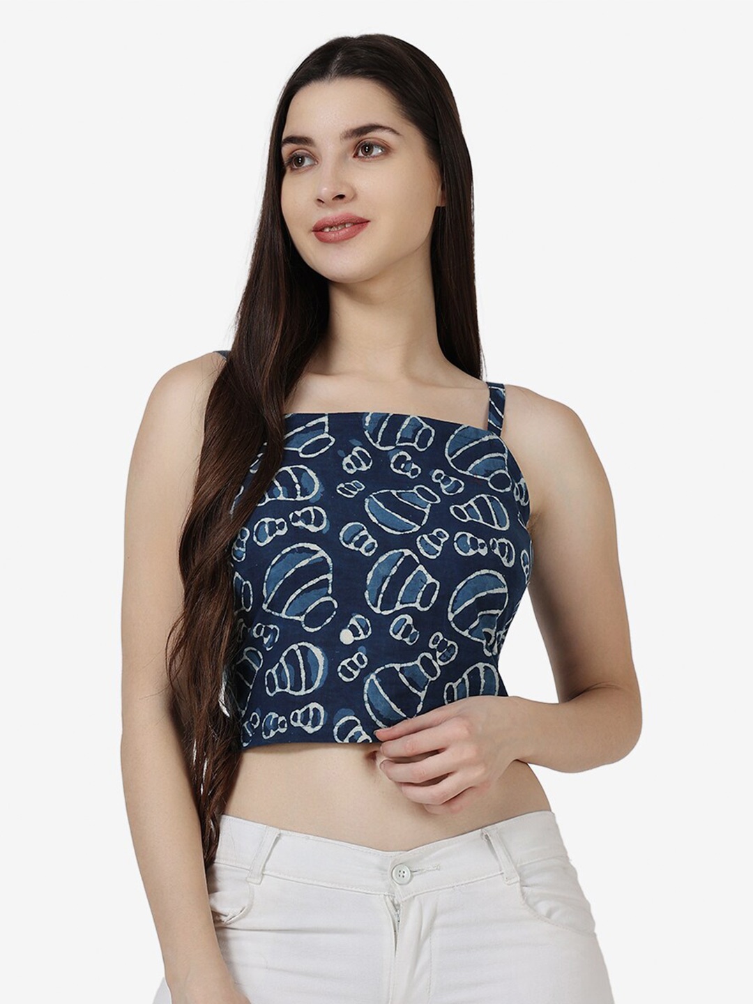 

Popwings Ethnic Printed Shoulder Straps Pure Cotton Fitted Crop Top, Blue