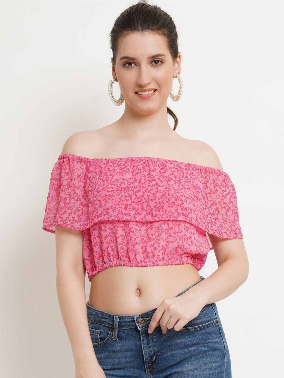 

Popwings Floral Printed Off-Shoulder Georgette Bardot Crop Top, Pink