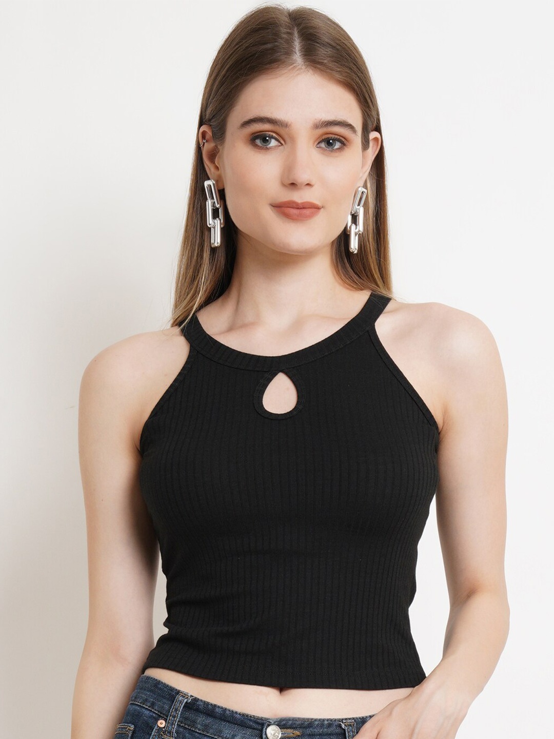 

Popwings Keyhole Neck Cut Out Detail Fitted Crop Top, Black