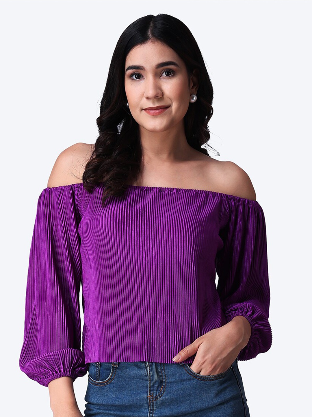 

Popwings Self Design Off-Shoulder Puff Sleeves Bardot Top, Purple