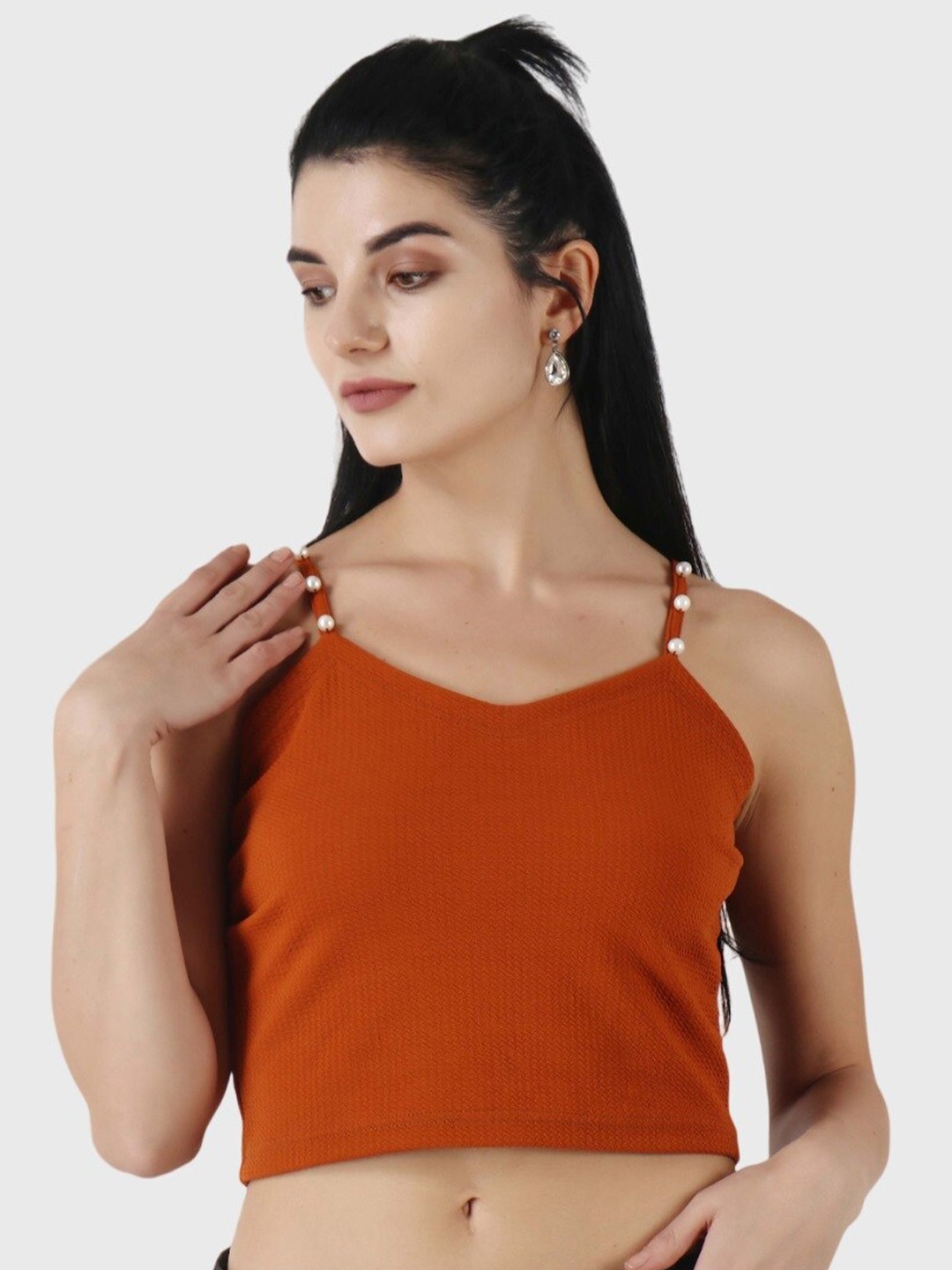 

Popwings Shoulder Straps Pearl Design Detail Crop Top, Rust