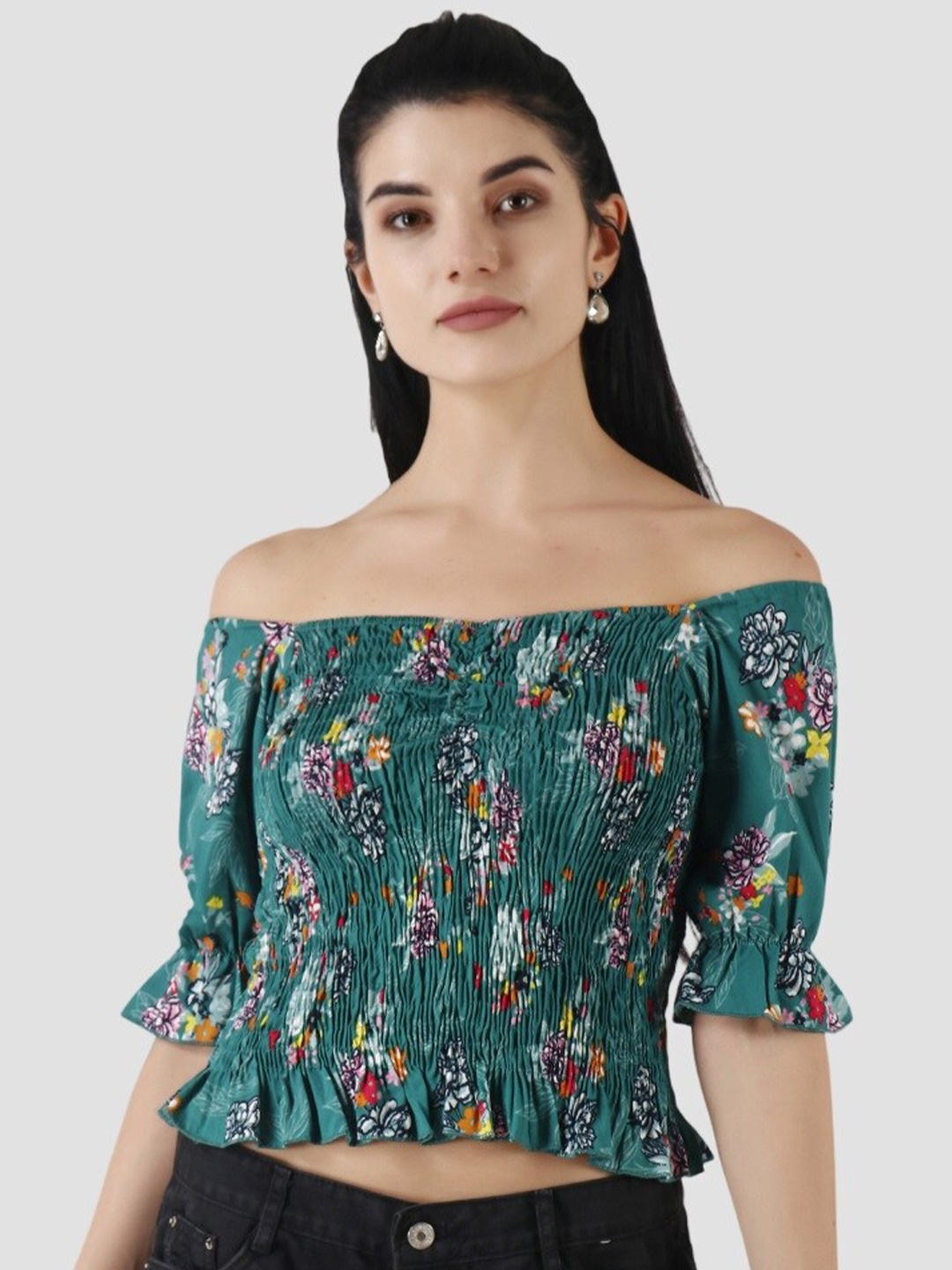 

Popwings Floral Printed Off-Shoulder Bell Sleeves Smocking Detail Bardot Crop Top, Sea green