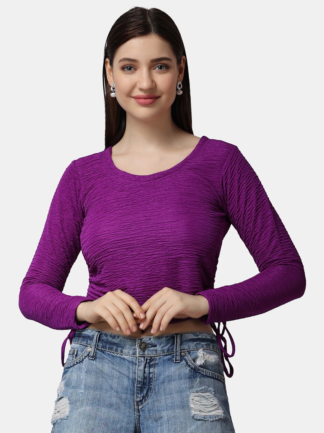 

Popwings Self Design Long Sleeves Ruched Detail Crop Top, Purple