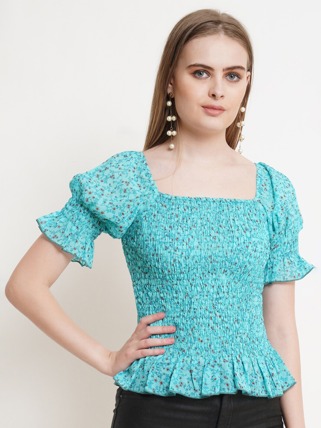 

Popwings Floral Printed Square Neck Puff Sleeves Smocking Georgette Peplum Top, Turquoise blue