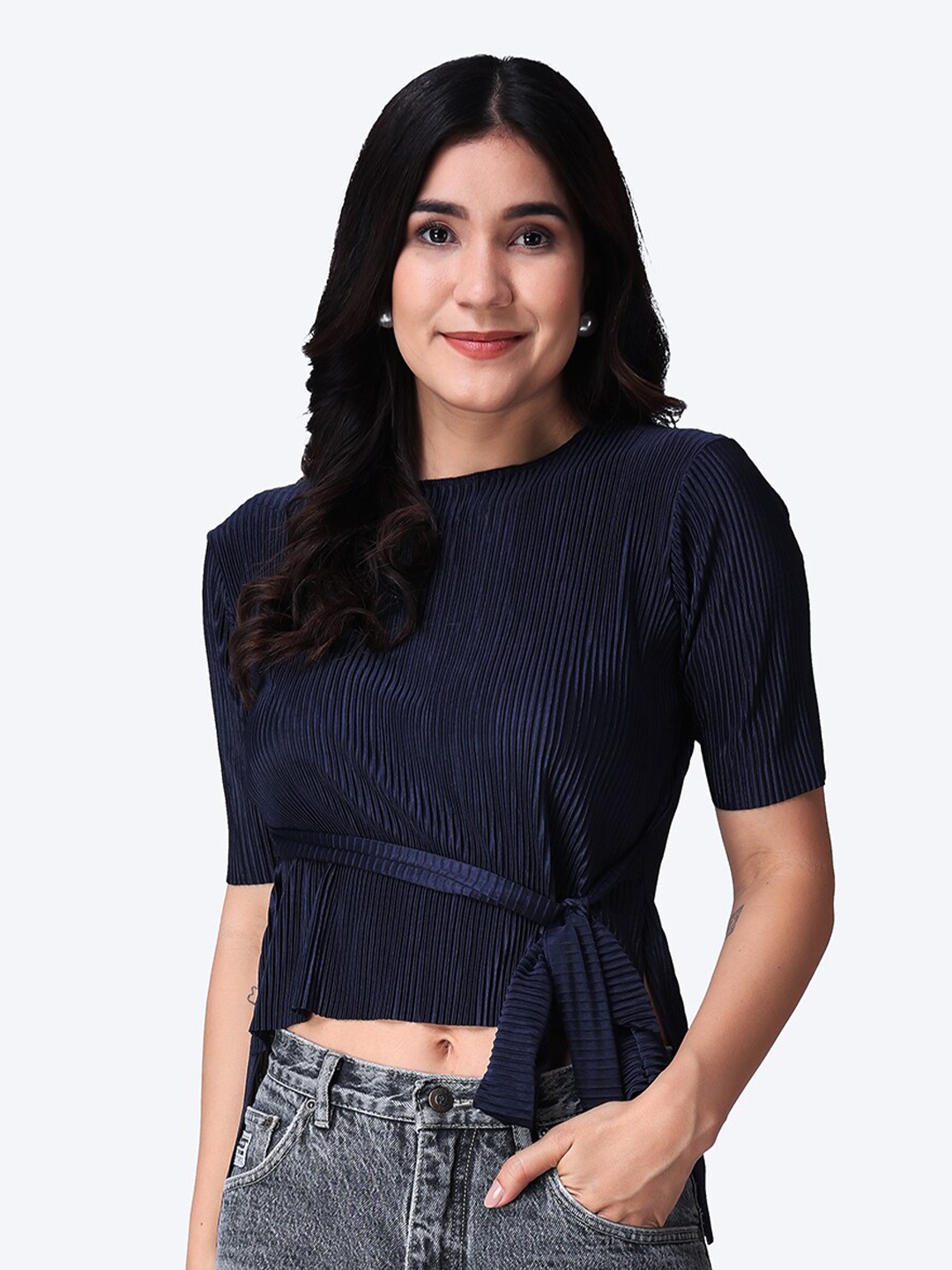 

Popwings Round Neck Tie-Up Top, Navy blue