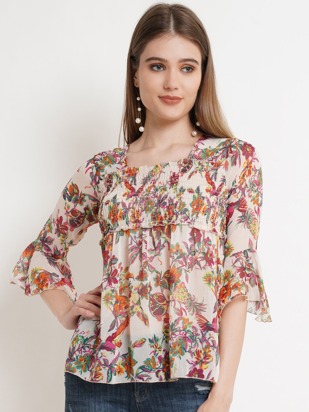 

Popwings Floral Printed Square Neck Bell Sleeves Smocking Chiffon Peplum Top, Cream