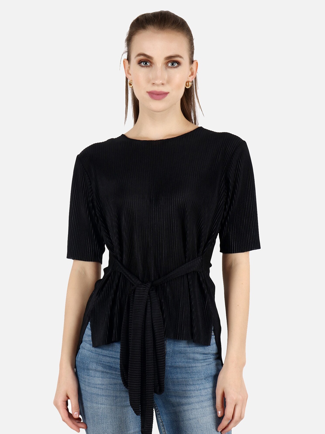 

Popwings Round Neck Tie-Up Top, Black