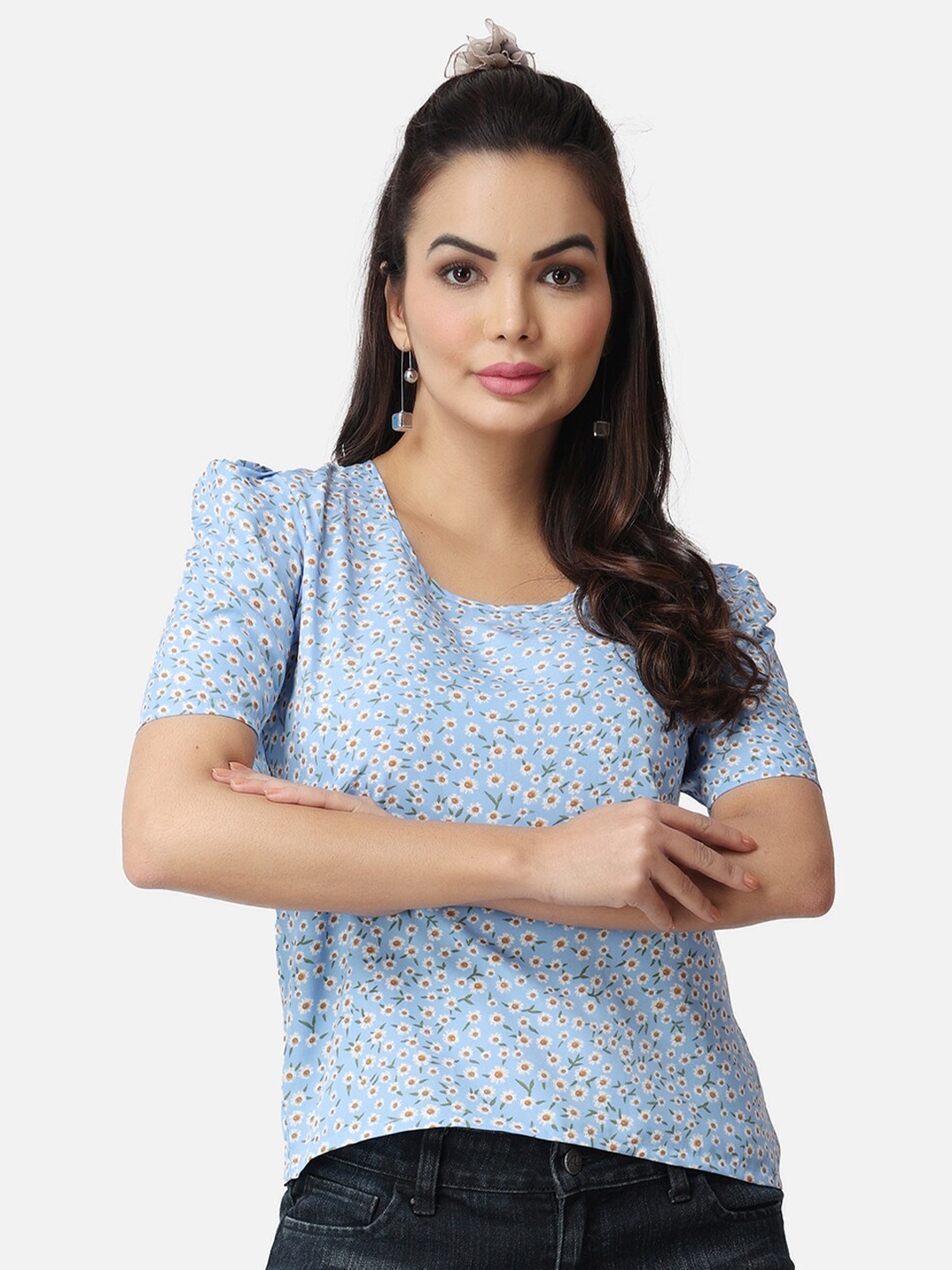 

Popwings Floral Printed Puff Sleeves Crepe Top, Blue