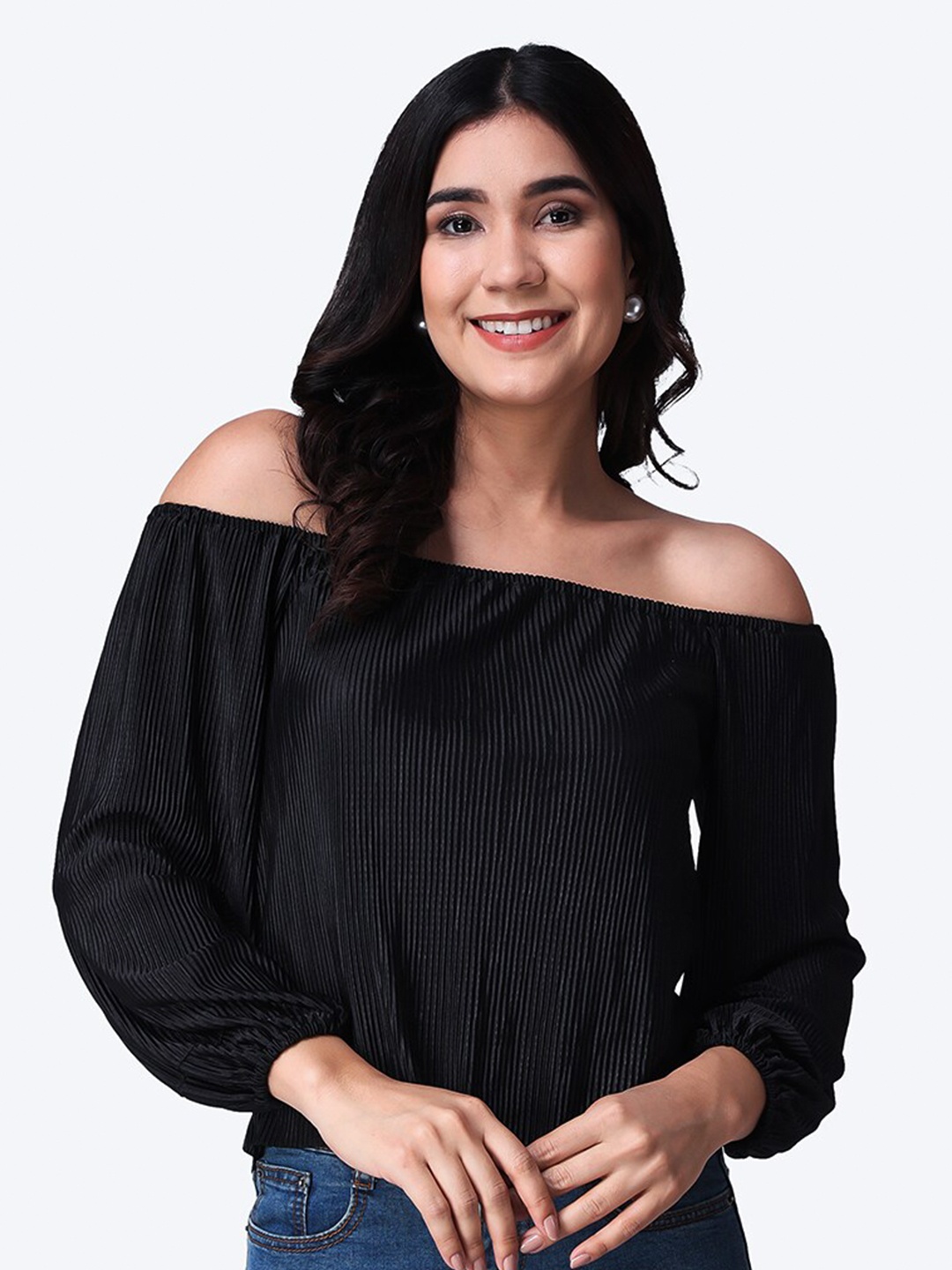 

Popwings Self Design Off-Shoulder Puff Sleeves Bardot Top, Black