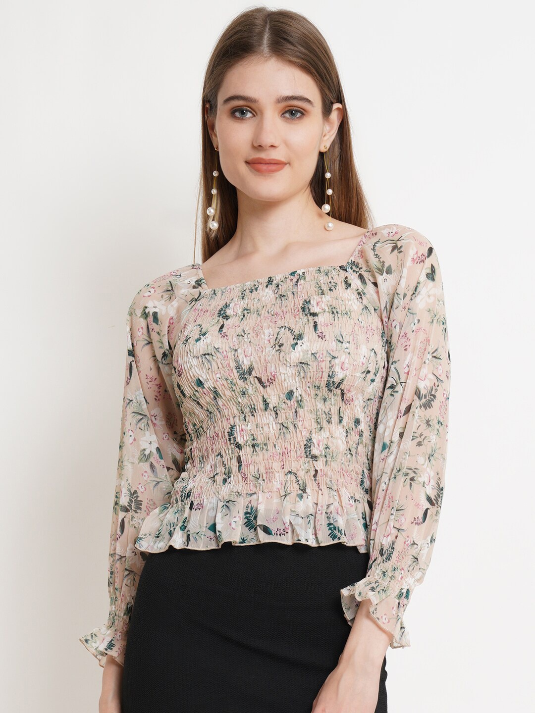 

Popwings Floral Printed Smocked Fitted Top, Beige