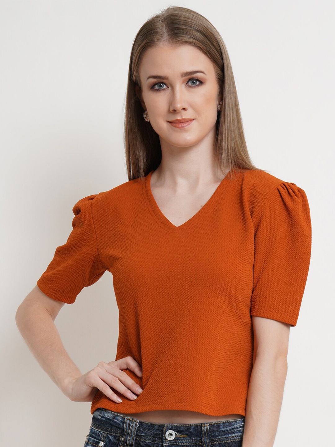 

Popwings V-Neck Puff Sleeves Top, Rust