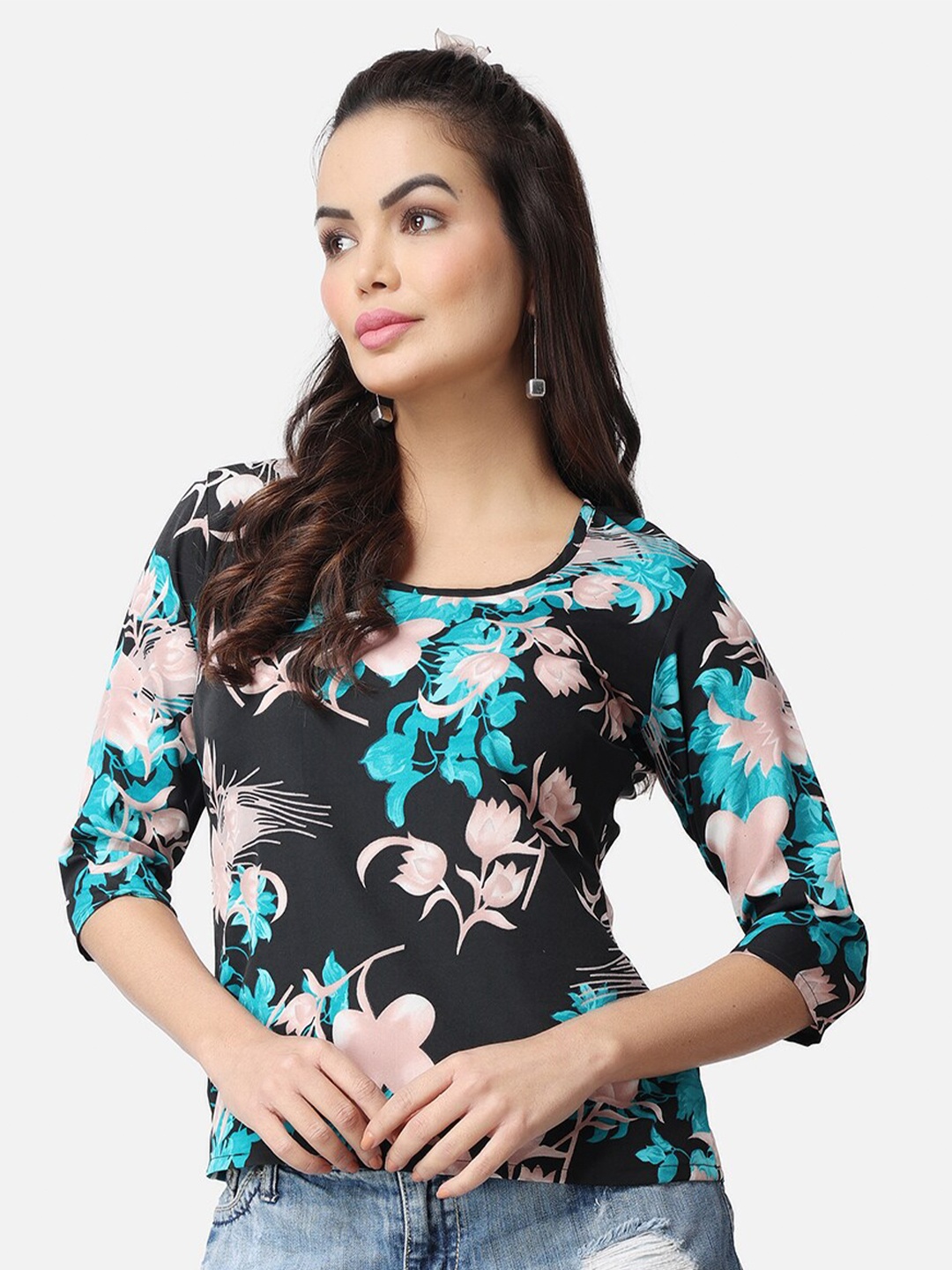 

Popwings Floral Printed Roll-Up Sleeves Top, Black