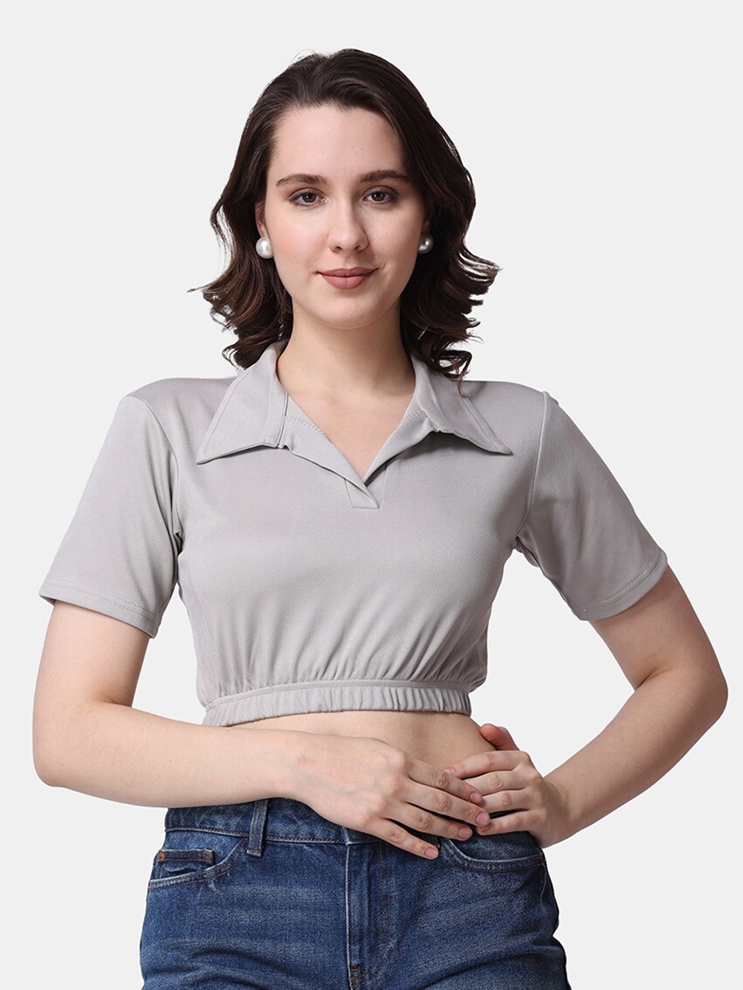 

Popwings Shirt Collar Fitted Crop Top, Grey