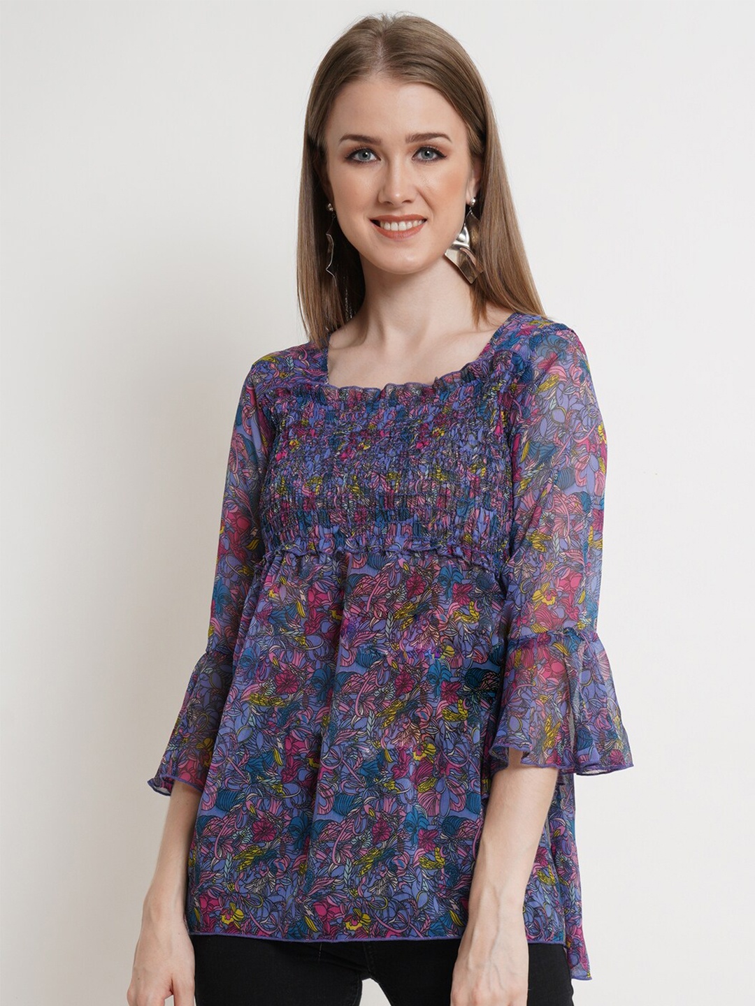 

Popwings Floral Printed Bell Sleeves Chiffon Top, Blue