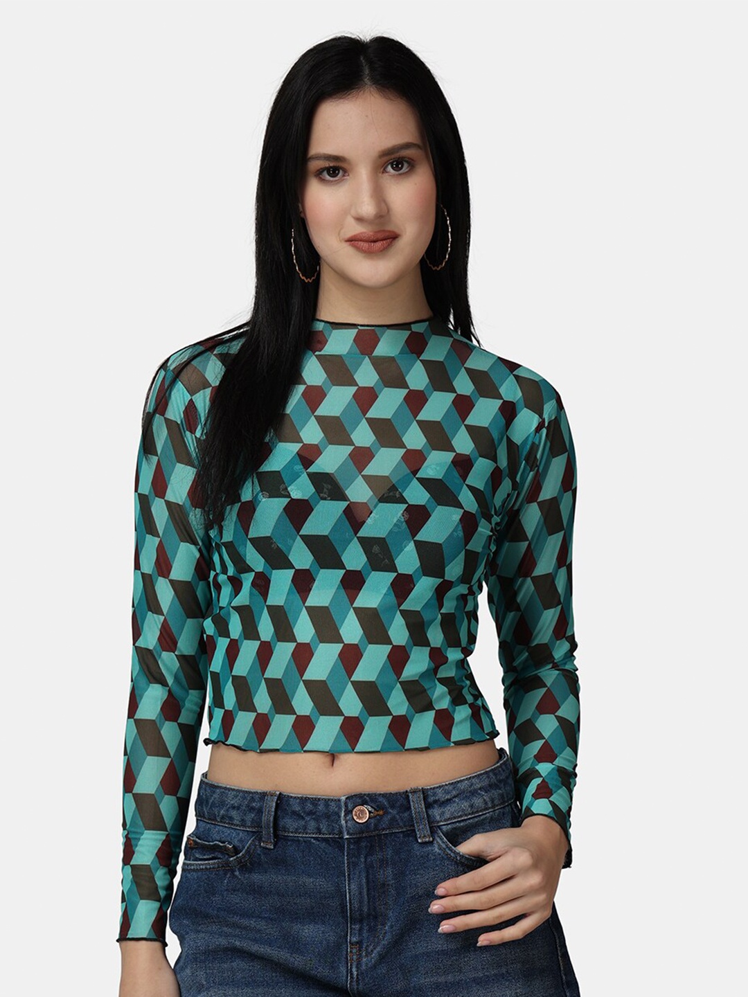 

Popwings Geometric Printed High Neck Crop Top, Green