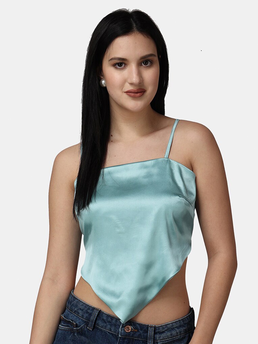 

Popwings Shoulder Straps Satin Crop Top, Sea green