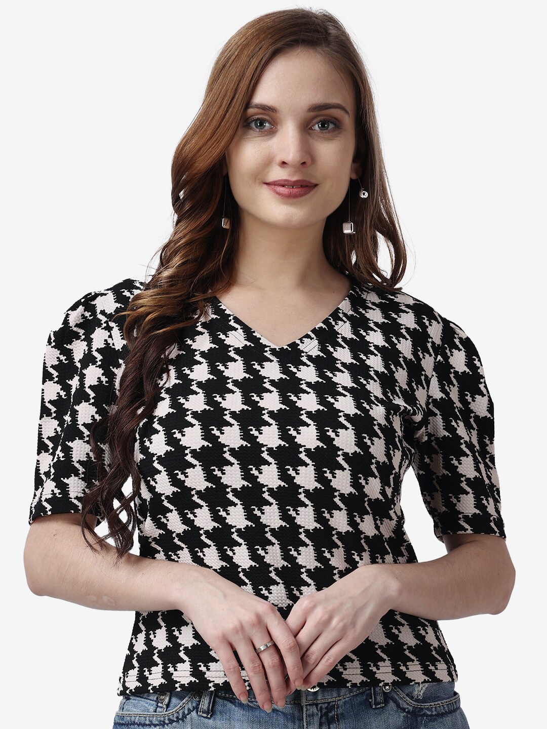 

Popwings Geometric Printed Puff Sleeve Top, Black