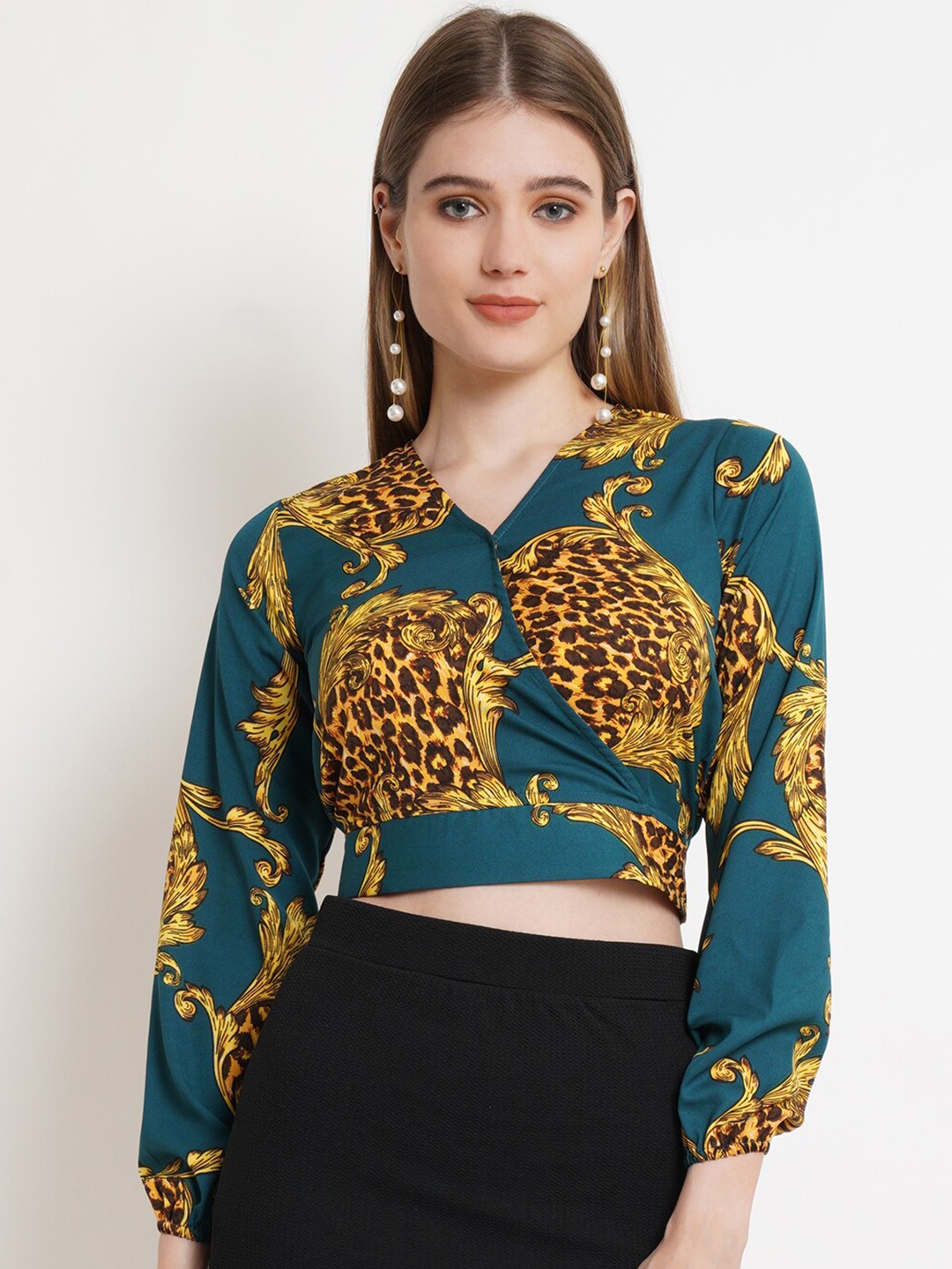 

Popwings Animal Printed Blouson Crop Top, Green