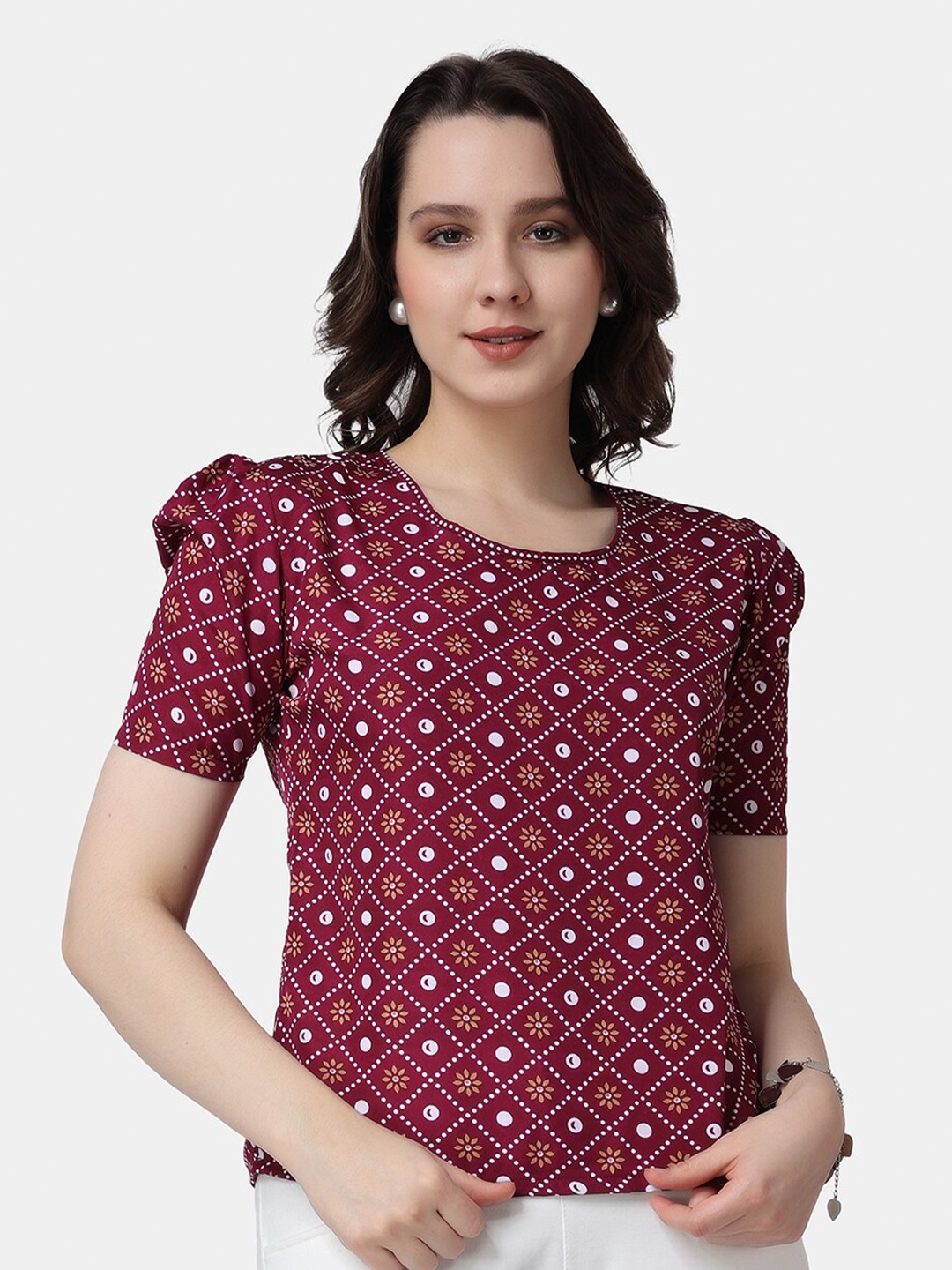 

Popwings Geometric Printed Puff Sleeve Top, Maroon