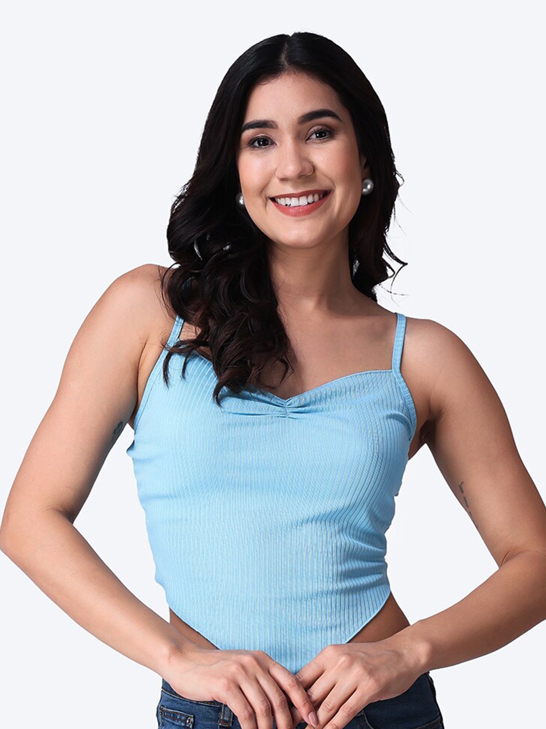 

Popwings Shoulder Straps Ribbed Fitted Crop Top, Blue