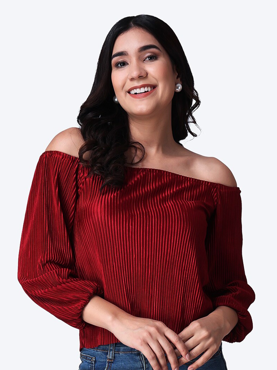 

Popwings Self Design Off-Shoulder Bardot Top, Maroon