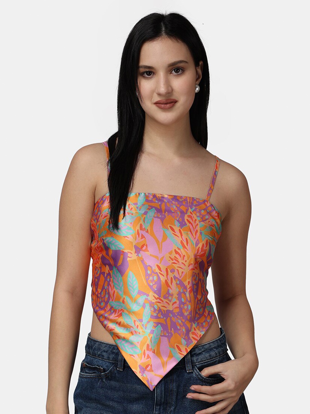 

Popwings Floral Printed Back Tie-Up Satin Top, Orange