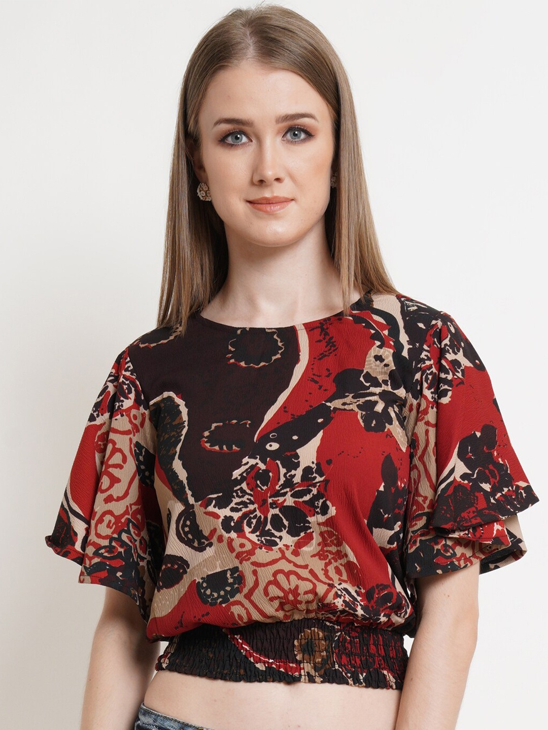 

Popwings Abstract Printed Flutter Sleeve Smocked Blouson Crop Top, Brown