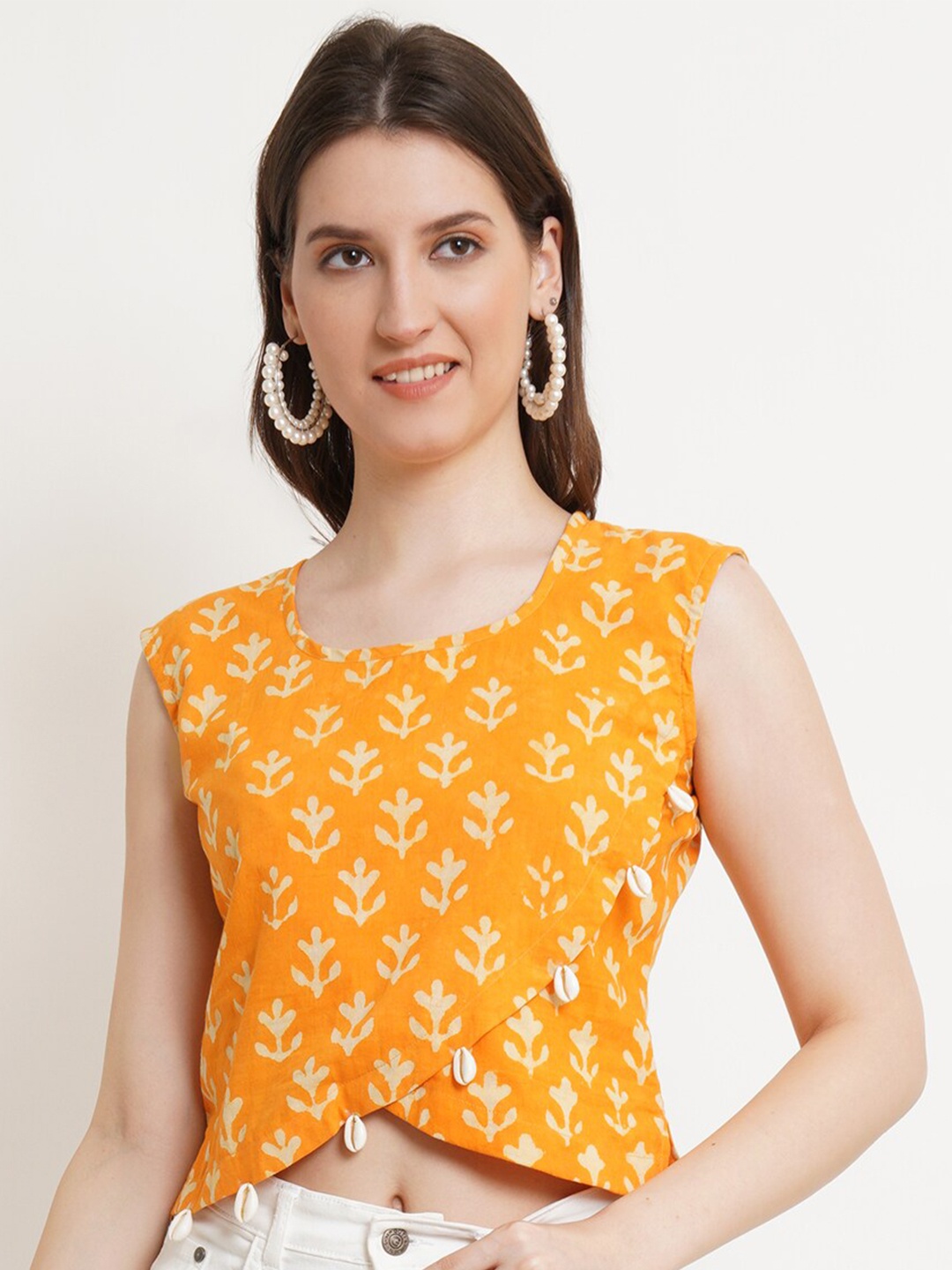 

Popwings Ethnic Motif Printed Sleeveess Pure Cotton Crop Top, Yellow