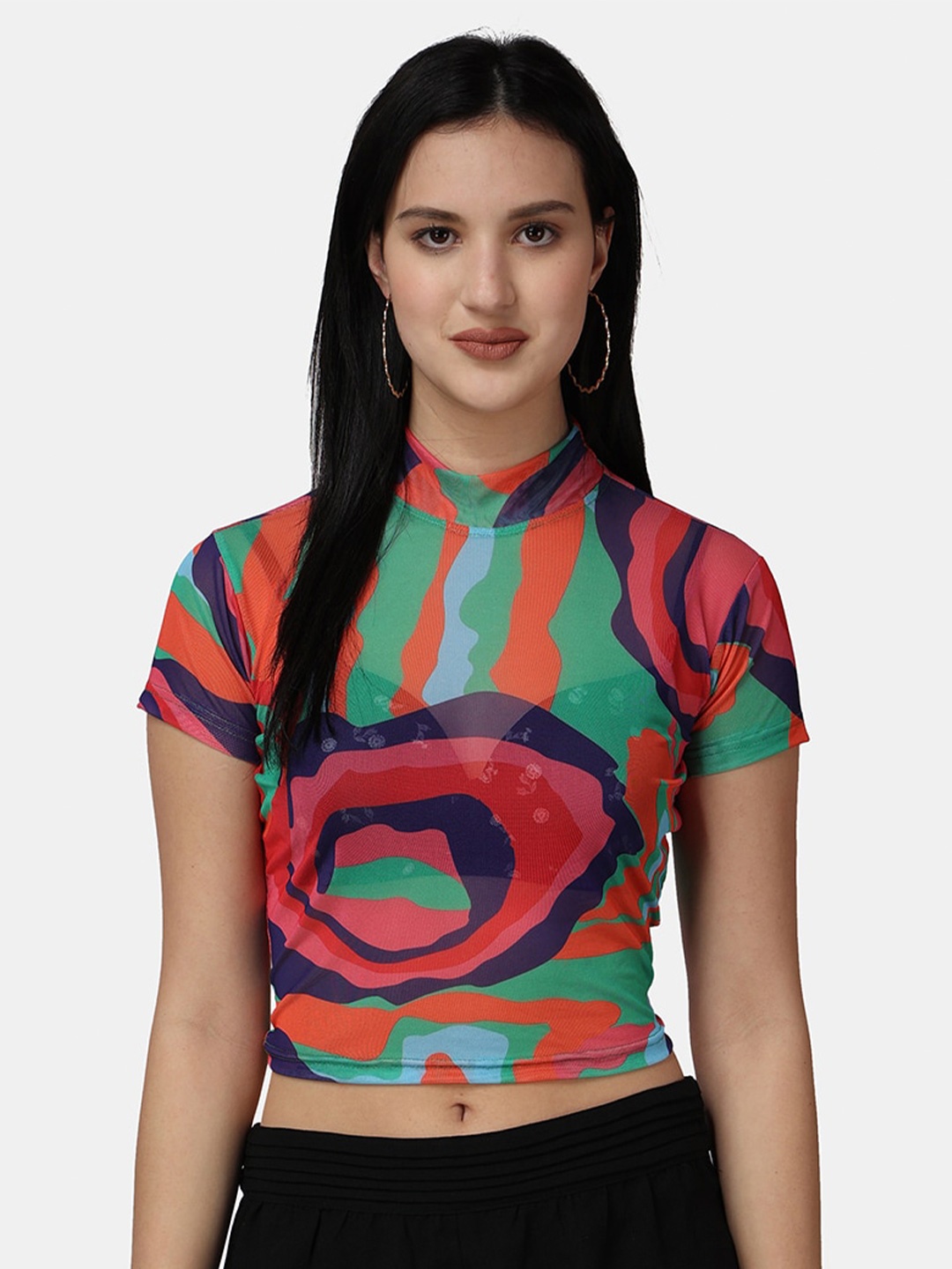 

Popwings Abstract Print Mandarin Collar Net Top, Green