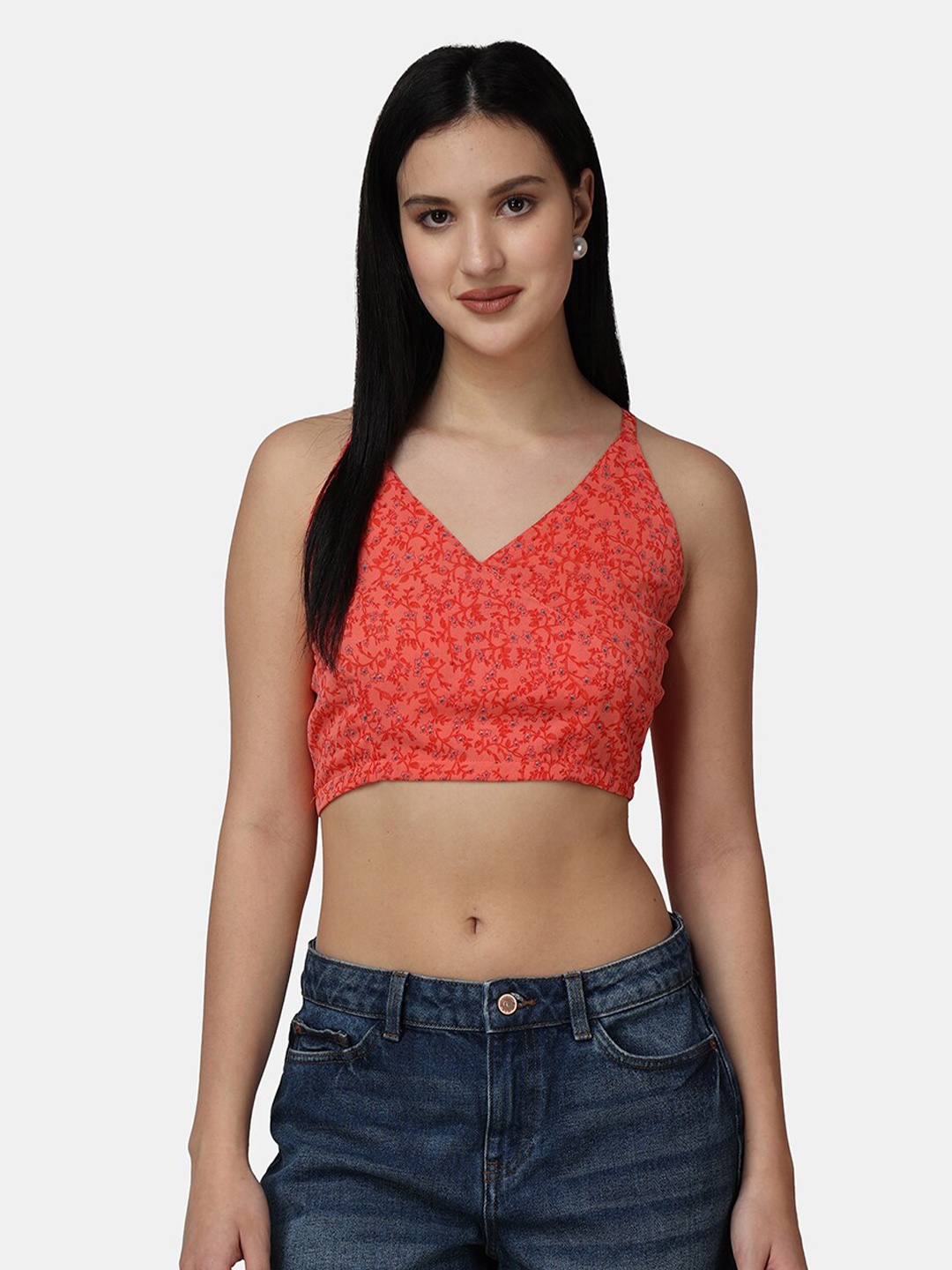 

Popwings Print Georgette Bralette Crop Top, Red