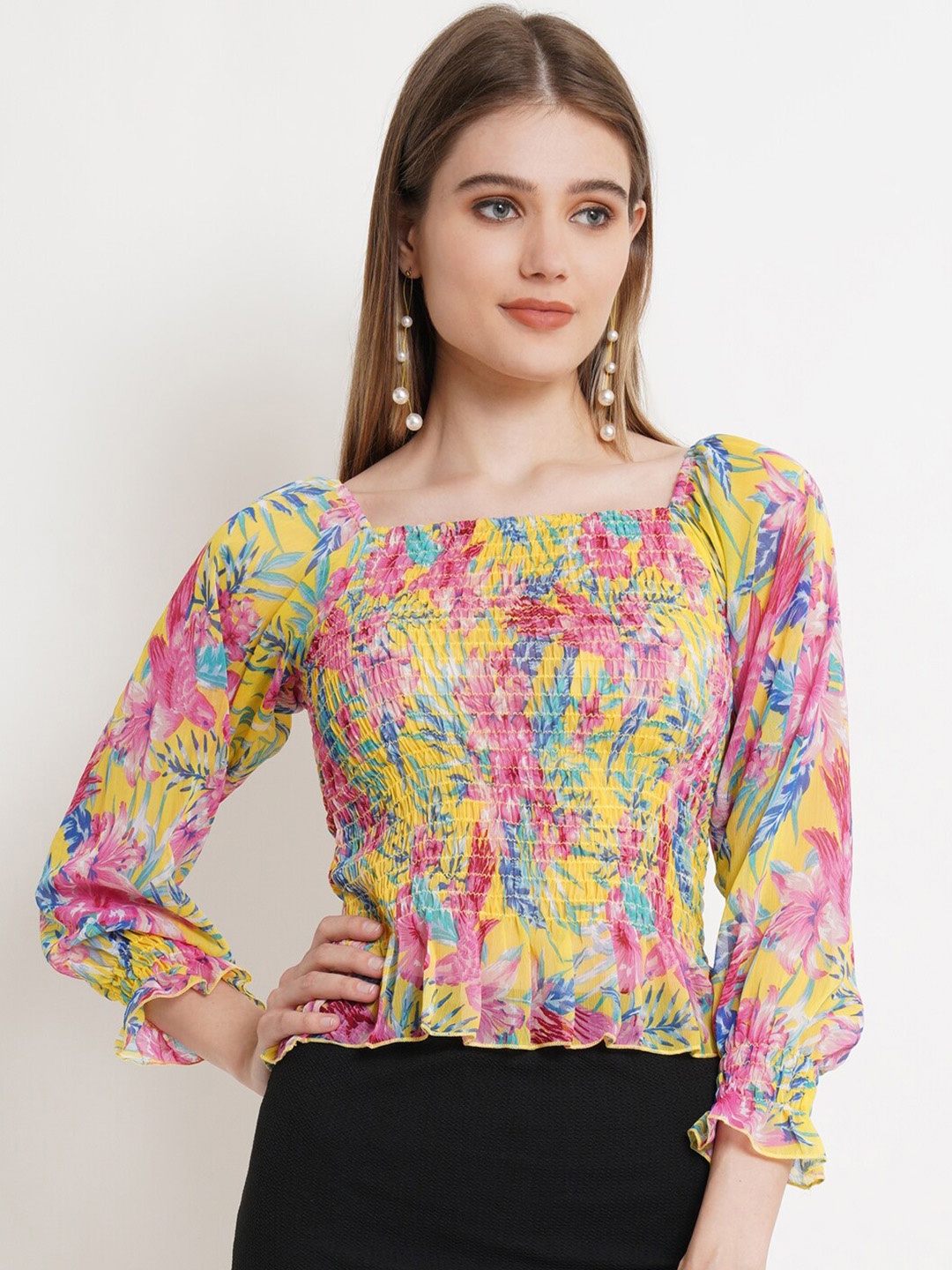 

Popwings Floral Printed Square Neck Puff Sleeve Smocked Regular Top, Yellow