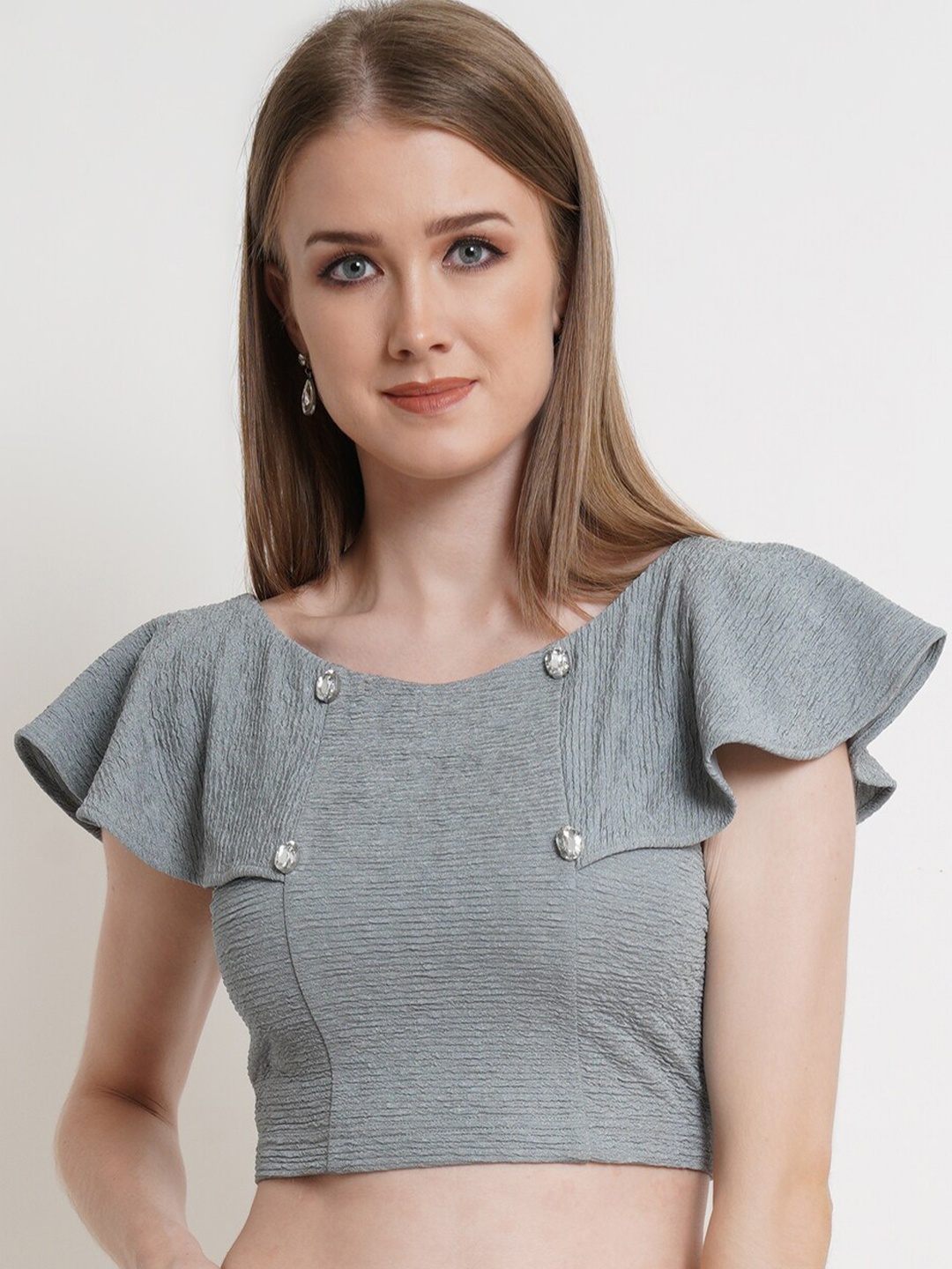 

Popwings V-Neck Flared Sleeve Fitted Crop Top, Grey