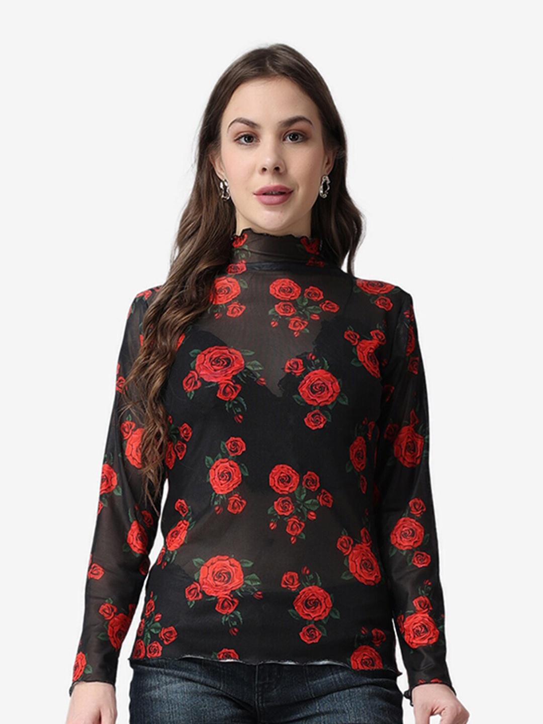 

Popwings Floral Printed High Neck Top, Black