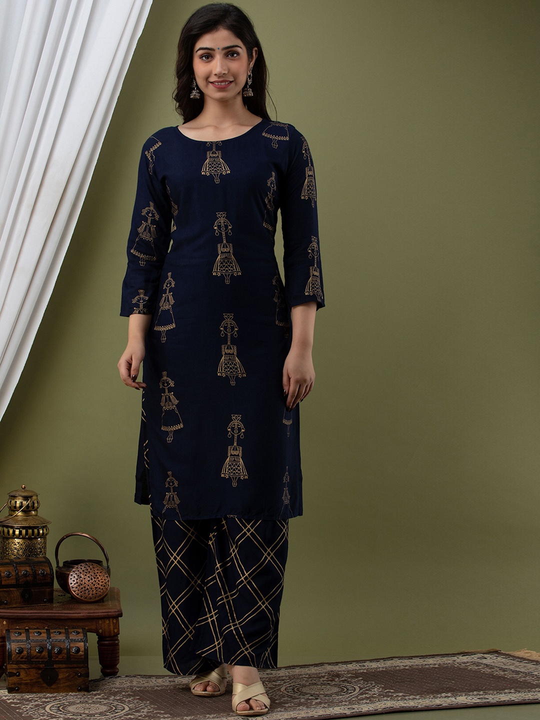 

Mialo fashion Ethnic Motifs Printed Straight Kurta With Palazzos, Blue