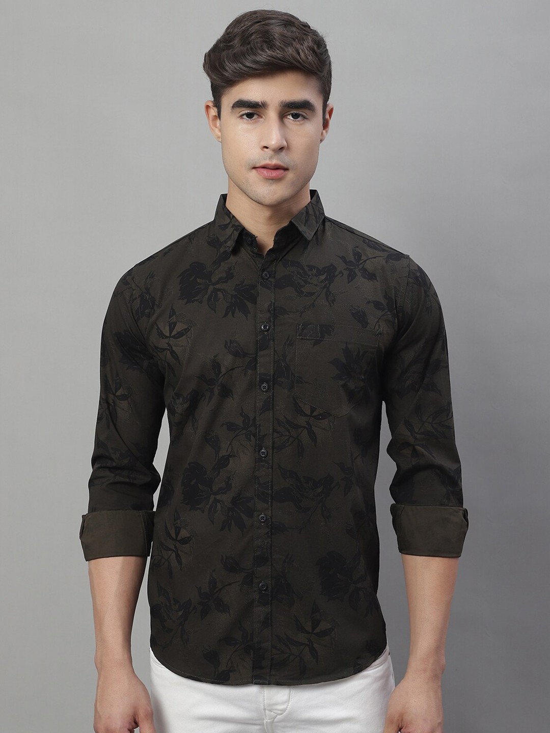 

Majestic Man Men Classic Slim Fit Floral Printed Pure Cotton Casual Shirt, Olive