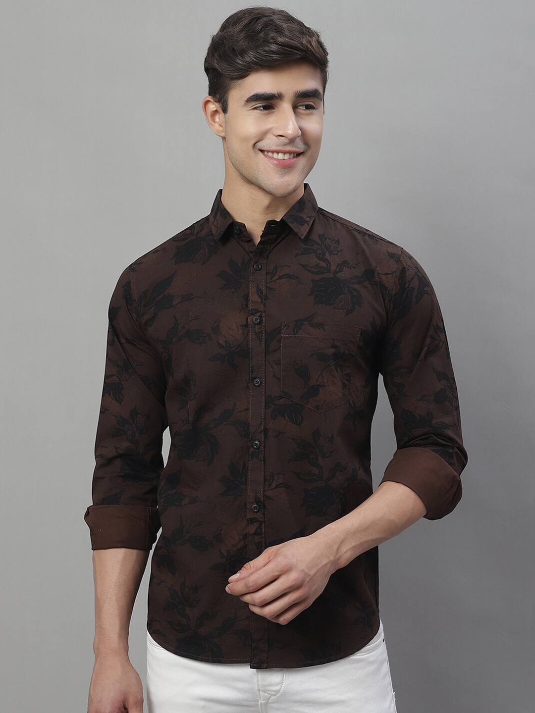 

Majestic Man Men Classic Slim Fit Floral Printed Pure CottonCasual Shirt, Brown