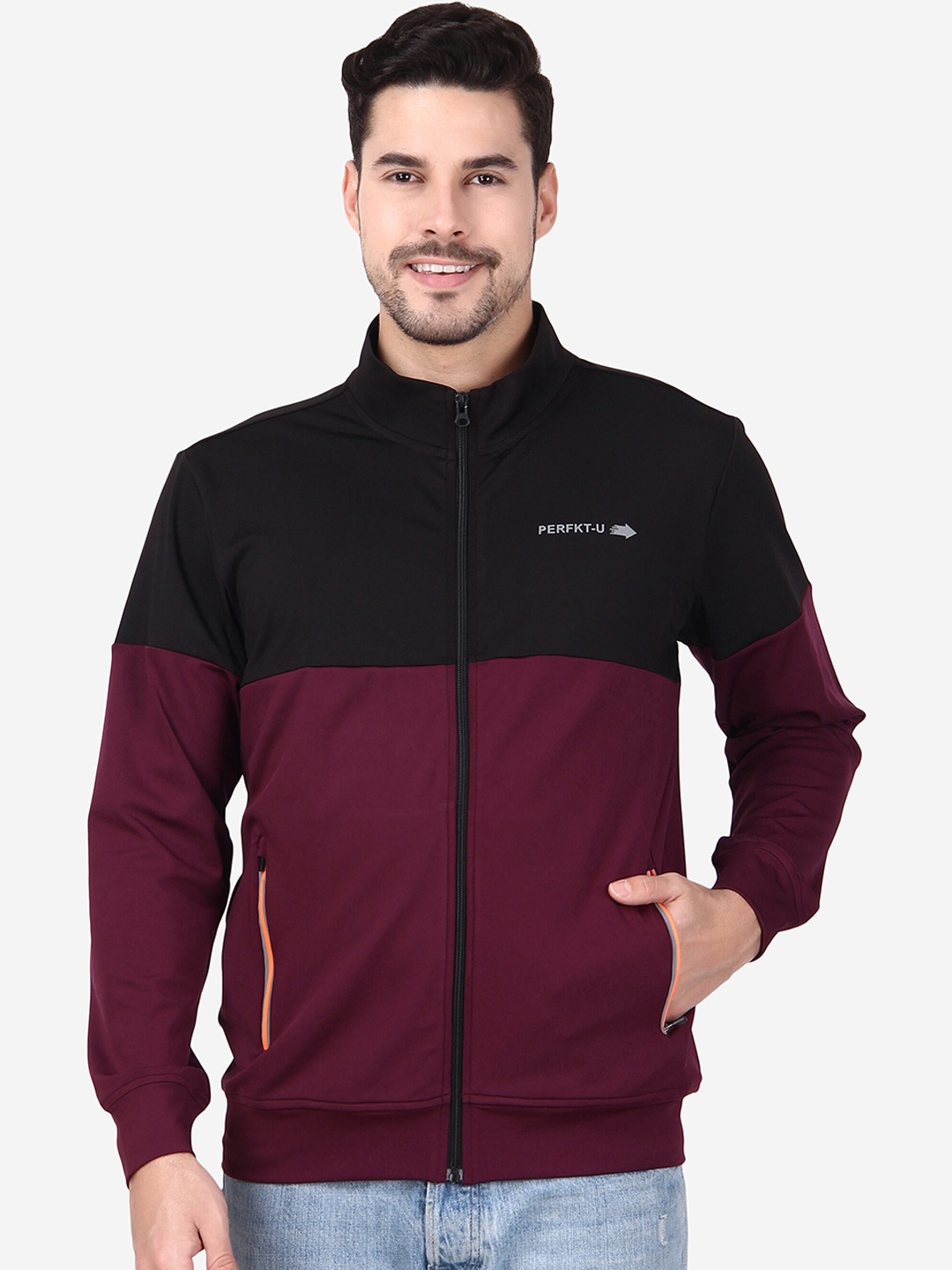 

PERFKT-U Colourblocked Windcheater Antimicrobial Training or Gym Sporty Jacket, Black