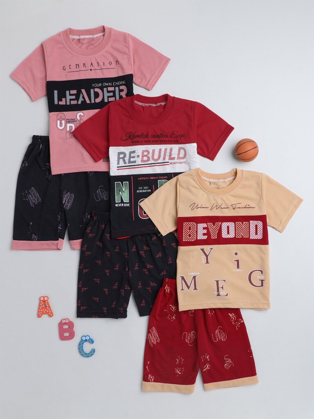 

BAESD Boys Pack Of 3 Printed Pure Cotton T-shirt with Shorts, Pink