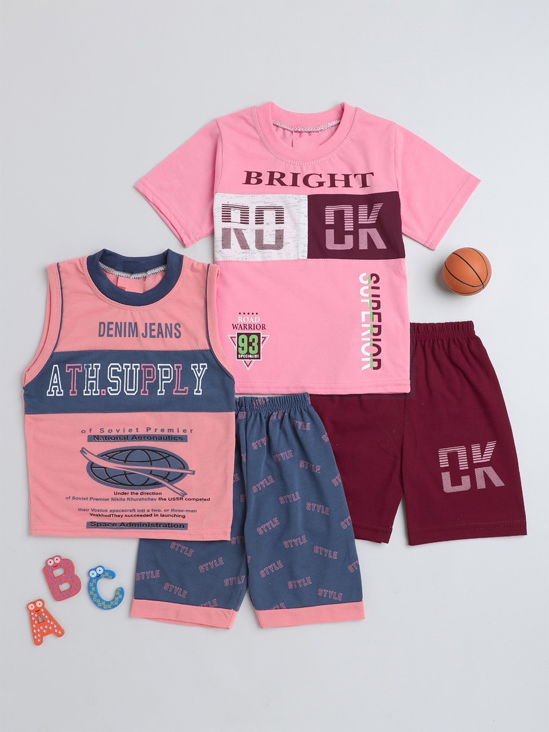 

FOURFOLDS Boys Pack Of 2 Printed Pure Cotton T-shirt with Shorts, Pink