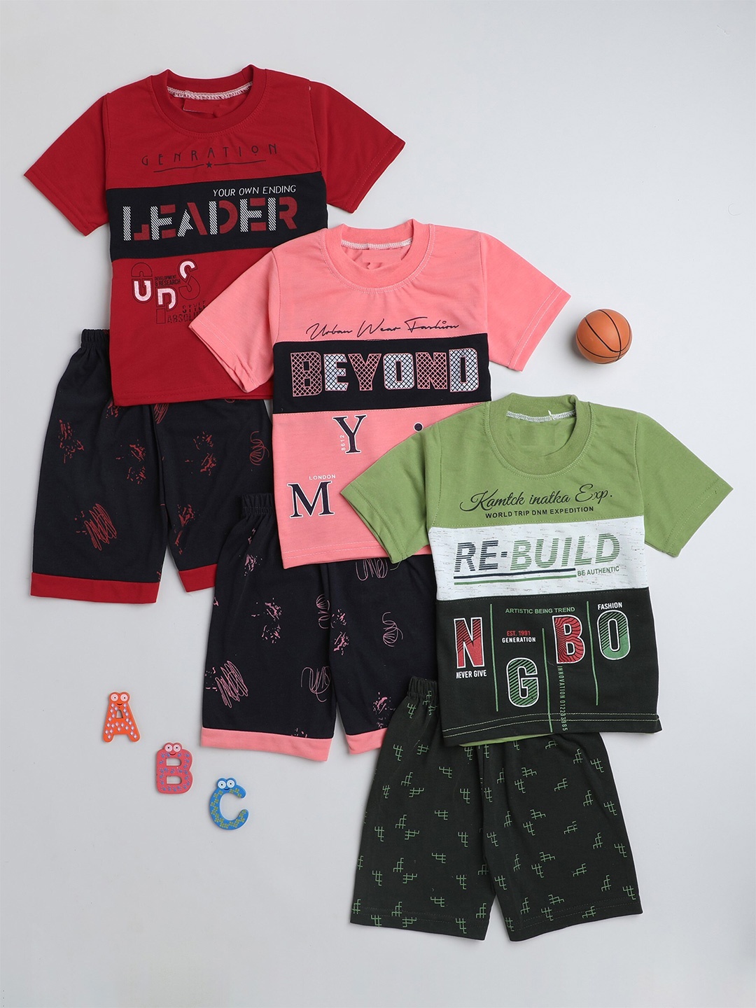 

BAESD Boys Pack Of 3 Printed Pure Cotton T-shirt with Shorts, Red