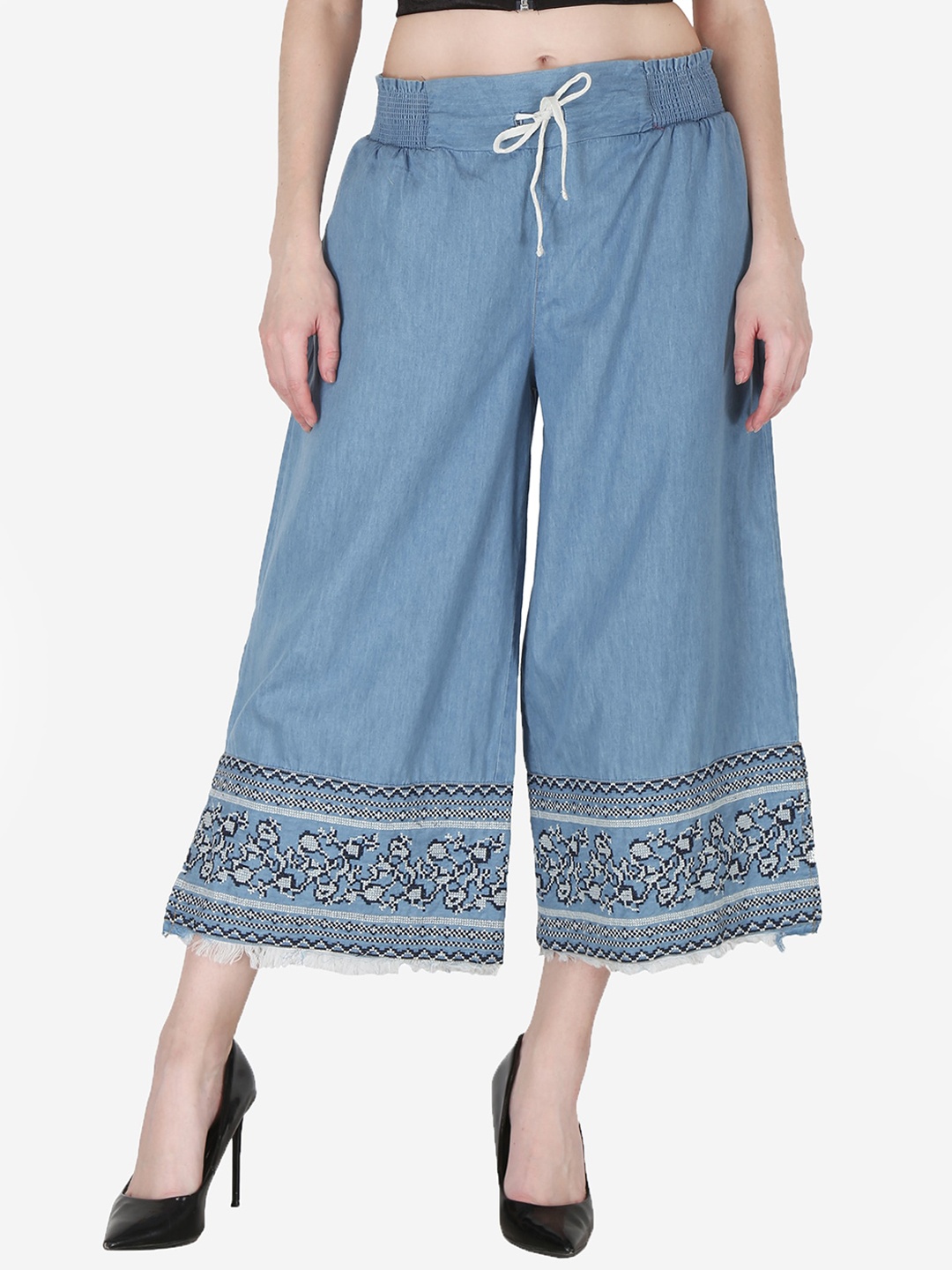 

SUMAVI-FASHION Women Organic Cotton Geometric Embroidered Denim Culottes Trousers, Blue