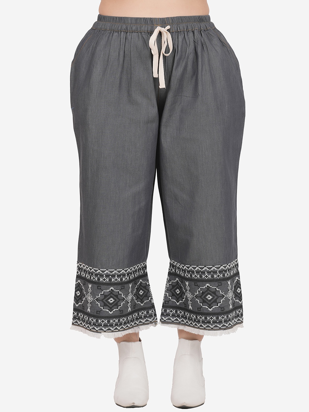 

SUMAVI-FASHION Women Geometric Embroidered Organic Cotton Trousers, Grey