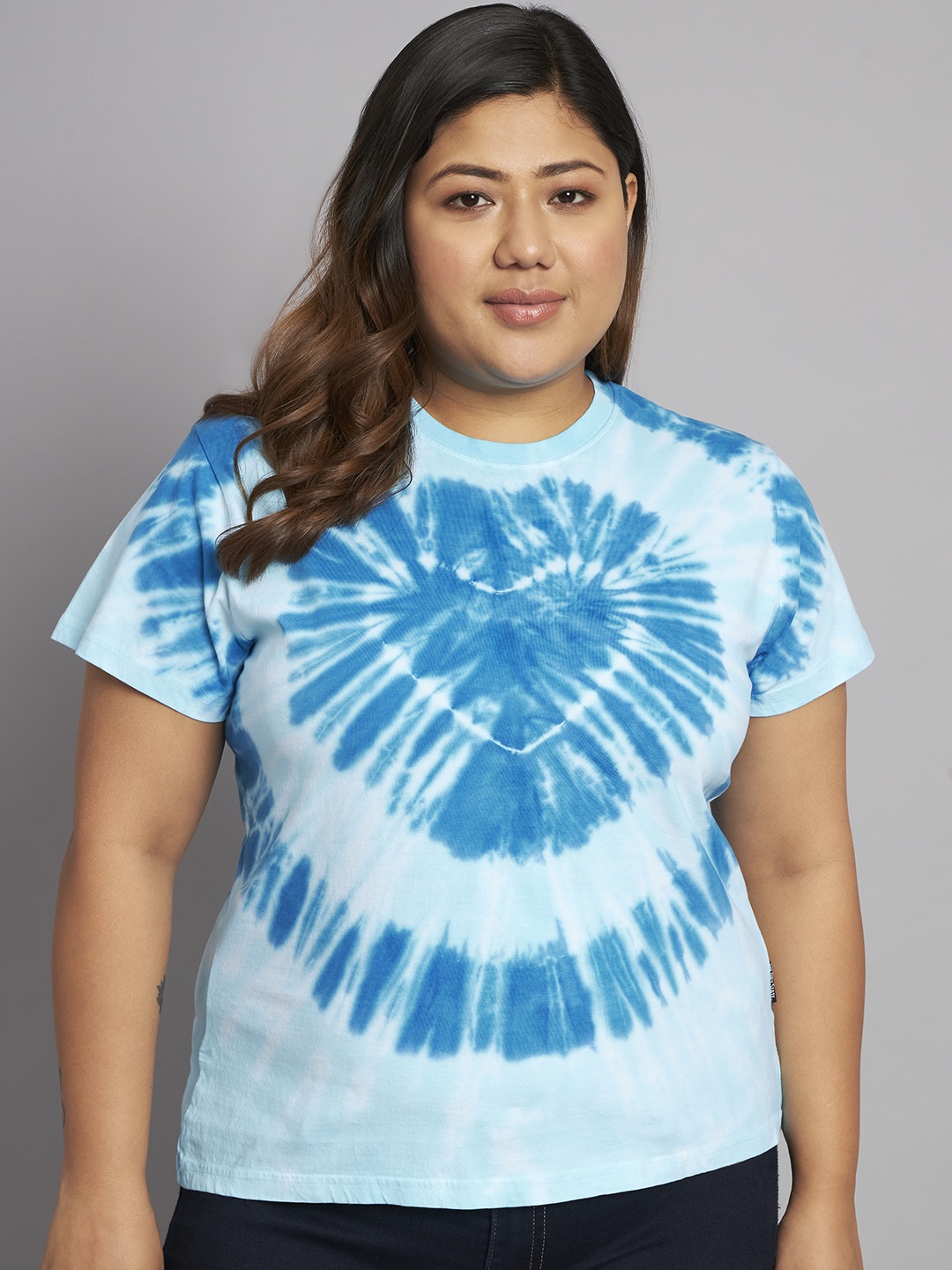 

BEYOUND SIZE - THE DRY STATE Women Plus Size Tie & Dye Round Neck Cotton T-shirt, Blue